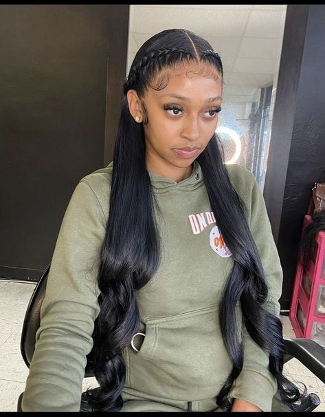 Follow for more - IG, TikTok, Pinterest: @kimanixdior | #bundles #middlepart #blackhair #kimanixdior Two Braided Hairstyles, Two Braids Hairstyles, Hair Sleek, Front Lace Wigs, Hair Frontal, Sleek Ponytail Hairstyles, Frontal Wig Hairstyles, Protective Hairstyles Braids, Frontal Hairstyles