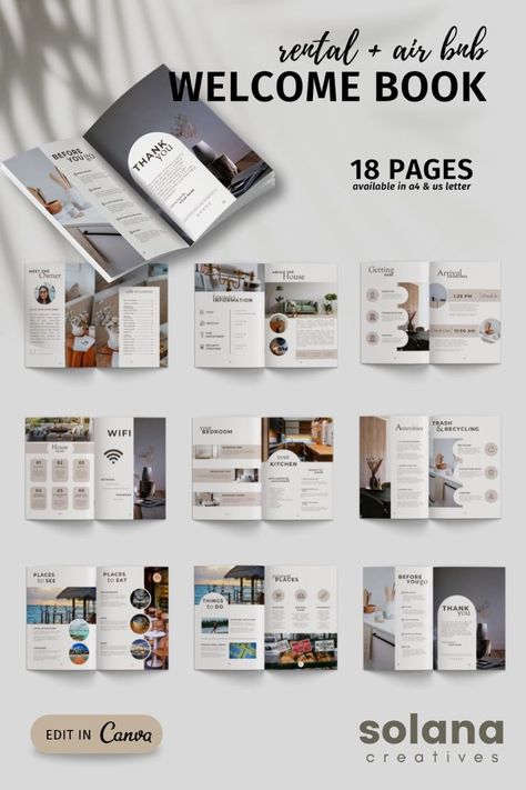 Airbnb Guide Book Template, Welcome Book Design, Airbnb Content Ideas, Airbnb Brochure, Air Bnb Welcome Book, Newsletter Content Ideas, Air Bnb Welcome, Airbnb Essentials, Meet The Owner