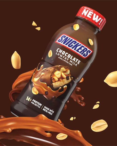 Snickers - We’d cry over this spilled milk.  Introducing SNICKERS Chocolate Milk. Chocolate Drink Packaging Design, Snickers Drink, Choco Drink, Snickers Chocolate Bar, Snickers Chocolate, Almond Brittle, Food Art Painting, Drink Packaging, Spilled Milk