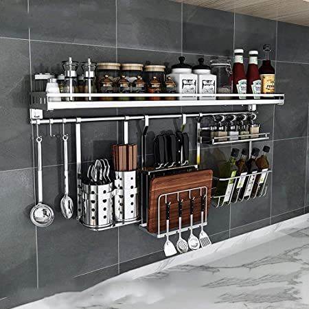 Kitchen shelf Kitchen Shelves Wall Mounted Kitchen Spice Rack Metal Wall Mounted Stainless Steel with Adjustable Hooks 2Tiers Storage Shelf Kitchen Organizer Rack (Size : 110cm) (Size : 110cm): Amazon.co.uk: Kitchen & Home Iron Bookshelf, Stainless Steel Shelving, Kitchen Utensil Rack, Kitchen Organizer Rack, Shelving Kitchen, Luxury Kitchen Cabinets, Kitchen Wall Storage, Drying Rack Kitchen, Kitchen Spice Racks