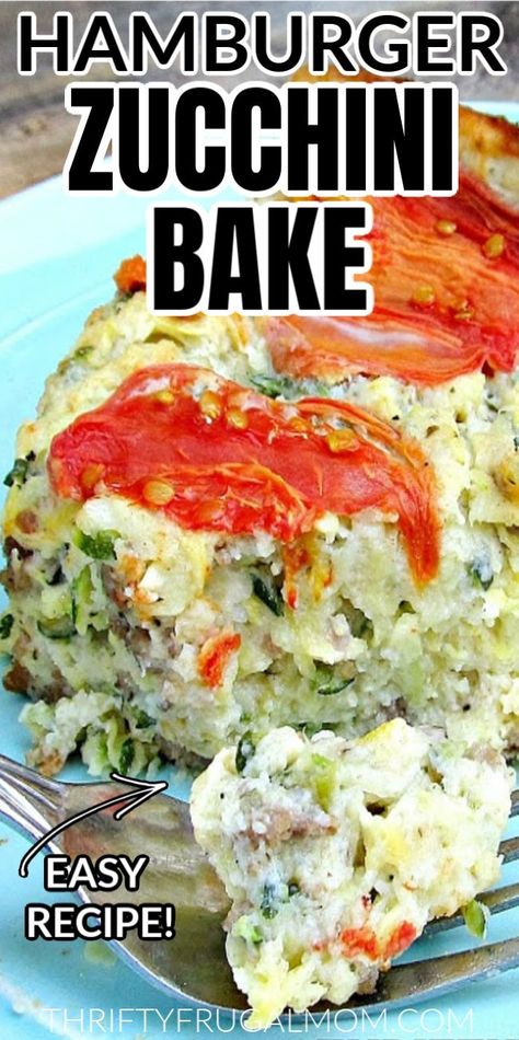 This Hamburger Zucchini Bake is such an easy recipe!  All you do is mix ground beef, zucchini, eggs, Parmesan cheese, Bisquick and plenty of herbs and spices together, top it all with thinly sliced tomatoes and then bake it until slightly browned.  It's such a simple, delicious weeknight dinner! Hamburger Zucchini, Hamburg Casserole, Ground Beef Zucchini, Hamburger With Egg, Beef Zucchini, Zucchini Bake, Sliced Tomatoes, Hamburger Casserole, Zucchini Recipe