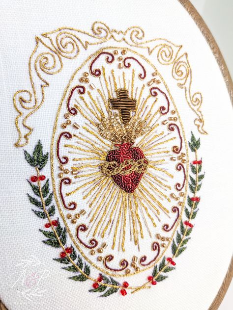 Needle & Paper — Sacred Heart Goldwork Embroidery Embroidery Sacred Heart, Sacred Heart Embroidery, Virgin Mary Embroidery, Mary Embroidery, Catholic Embroidery, Sacred Heart Of Mary, Sacred Heart Art, Religious Embroidery, Christian Embroidery