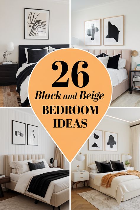 Create a warm and inviting black and beige bedroom. Discover cozy decor ideas, plush textures, and soft lighting to transform your space into a relaxing haven. Gold Black And Cream Bedroom, Neutral Bedroom With Black And Gold Accents, Dark Brown And Beige Bedroom, Black And Beige Bedroom Decor, White And Black Bedroom Aesthetic, Black Accents Bedroom, Boho Bedroom With Black, Black And White Bedding Ideas, Black Headboard Bedroom Color Schemes