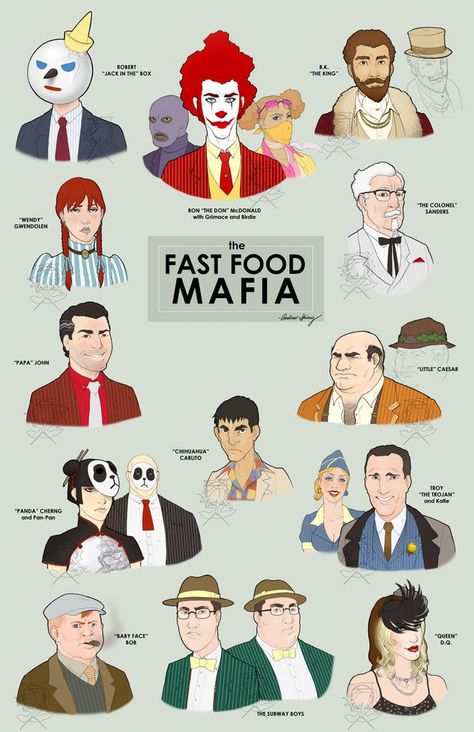 The fast food mafia - Alternate Universe. Mafia Party, Papa Johns, Online Comics, Jack In The Box, The Don, Really Funny, Ronald Mcdonald, Funny Jokes, Character Art