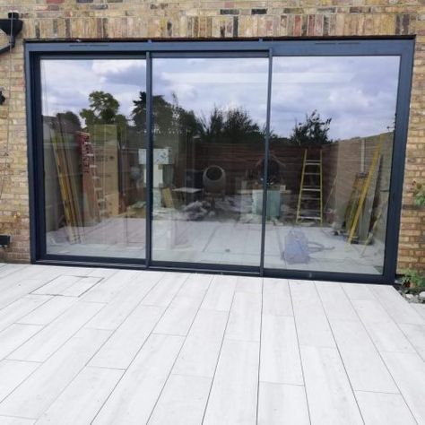 Black Sliding Doors Patio, Aluclad Windows, External Sliding Doors, Exterior Patio Doors, Bi Fold Doors, Folding Sliding Doors, Frameless Sliding Doors, Flat Roof Extension, Sliding Doors Exterior