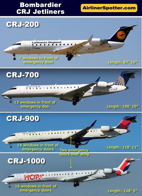 side-by-side comparison and spotting guide of the Bombardier CRJ-200, CRJ-700, CRJ-900 and CRJ-1000 regional jets Crj 200, Lego Airport, Jet Airlines, Pilot Career, Aviation Education, Airlines Branding, Commercial Plane, Small Aircraft, Boeing Aircraft