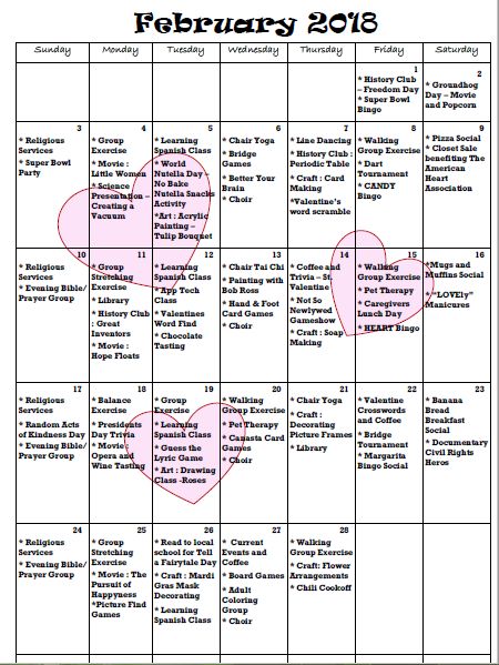 February Activity Calendar - February Senior Activities, February Activities For Seniors, Activity Calendar For Seniors, February Lesson Plan, Senior Center Activities, Assisted Living Activities, Memory Care Activities, February Lessons, Senior Living Activities