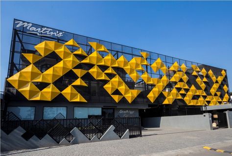 Dull Background, Factory Facade, Mall Facade, Retail Facade, Origami Architecture, Metal Facade, Building Elevation, Mall Design, Commercial Architecture