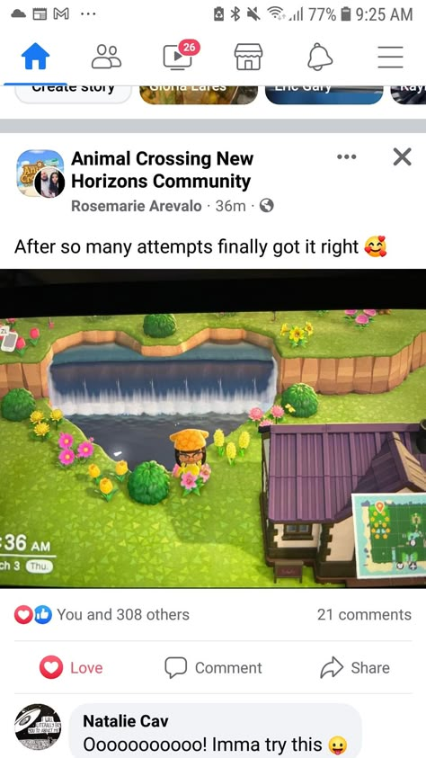 Acne Town Tune, Acnh Waterfall House, Acnh Waterfall Design, Acnh Terraforming Guide, Acnh Small Waterfall, Animal Crossing Water Fall Ideas, Heart Island Animal Crossing, Teraforming Ideas Acnh, Heart Island Acnh