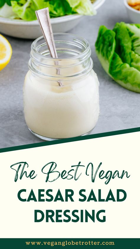 Caesar dressing is a traditional salad dressing made with raw egg yolk, anchovies, mustard, garlic, lemon juice, and parmesan cheese. That is super garlicky, zesty, and savory, and it goes great with fresh, simple salads. Get the recipe from my blog. #caesarsalad #veganrecipes #plantbaseddiet #healthylifestyle Types Of Salad Dressing, Plant Based Dressing, Vegan Caesar Salad Dressing, Vegan Caesar Dressing, Caesar Dressing Recipe, Vegan Caesar Salad, Vegan Caesar, Vegan Dressing, Caesar Salad Dressing