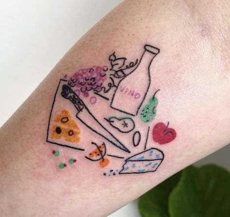 Food Lover Tattoo, Charcuterie Board Tattoo, Charcuterie Tattoo, Cake Tattoo, Dumbest Tattoos, Adult Lunchables, Twin Tattoos, Stick Poke Tattoo, Fruit Tattoo