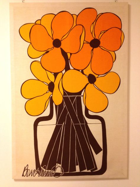 70's Mod fabric panel - Orange Yellow Brown Flowers in a Vase 70 Flower Pattern, 1970s Flowers, Mod Fabric, Mod Flowers, 70s Flowers, Mod Art, 60s Art, Brown Flowers, Fabric Panel