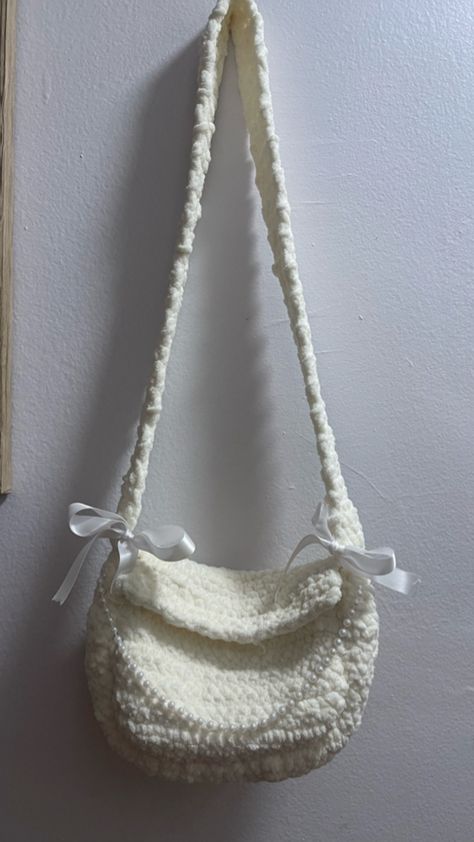 Crocheted a white bag with fluffy yarn 🤍🤍 and added bows 🤍 Coquette Bag, Fluffy Bag, Fluffy Yarn, Yarn Bag, Bag Crochet, White Bag, Crochet Flowers, Yarn, Crochet