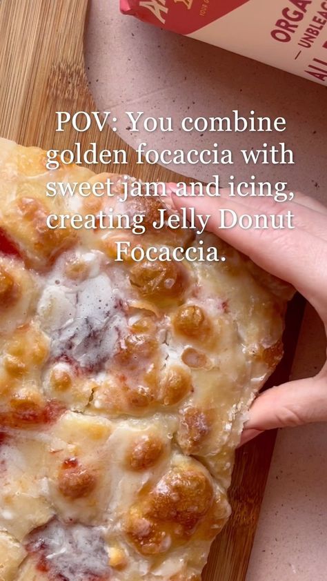 Arrowhead Mills | Turn a classic treat into a fun, sweet experience with this Jelly Donut Focaccia! Golden focaccia meets a burst of fruity jelly and a... | Instagram Jelly Donut, Rubber Spatula, Garlic Naan, Vanilla Icing, Bread Recipes Sweet, Buzzfeed Food, Sourdough Recipes, Eat Real Food, Instant Yeast