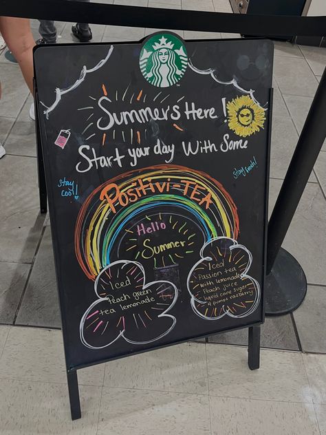 Chalkboard Art Summer, Starbucks Chalkboard Art, Starbucks Manager, Dunkin Orders, Starbucks Sign, Starbucks Chalkboard, Working At Starbucks, Starbucks Design, Iced Tea Lemonade