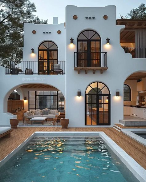 Modern Medditerean House Exterior, Morocco House Exterior, Santorini Mansion, Moroccan Architecture Exterior, Moroccan House Plan, Arabian House Design, Greek Houses Exterior, Mediterranean Villa Design, Old Spanish Style Homes