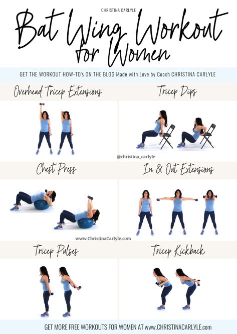 Bat Wing Arm Workout for Women - A workout for arm and bra strap back fat. Burn your arm fat at home with this quick and easy home arm workout routine for women. https://christinacarlyle.com/bat-wing-arm-fat-workout-for-women/ Bat Wing Workout, Wing Workout, Bat Wing Exercises, Wings Workout, Arm Workout Routine, Arm Workouts At Home, Tricep Kickback, Arm Workout Women, Workout Routines For Women