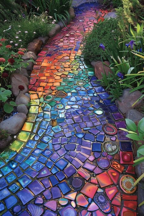 boho garden pathway with gradient colors Garden Bed Layout, Backyard Walkway, Bohemian Garden, Boho Patio, Mosaic Garden Art, Boho Garden, Magical Garden, Mosaic Garden, Outdoor Decor Backyard