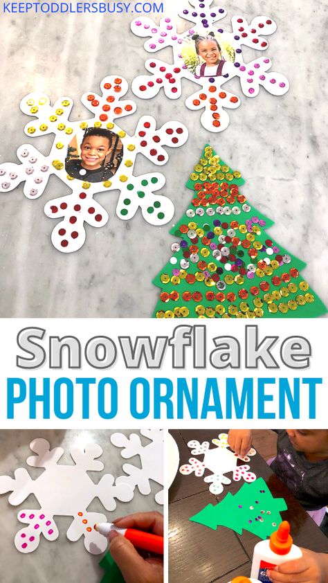 Photo Ornament Craft, Foam Snowflakes, Keep Toddlers Busy, Snowflake Pictures, Messy Crafts, Snowflake Photos, Snowflake Craft, Picture Ornaments, Seasonal Activities