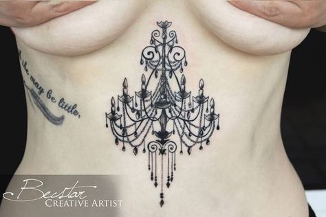 Chandelier tattoo. Belly placement. Tattoo Belly, Lace Sleeve Tattoos, Victorian Sleeves, Tattoos Celtic, Chandelier Tattoo, Victorian Chandelier, Blackwork Tattoos, Tattoos Art, Sternum Tattoo