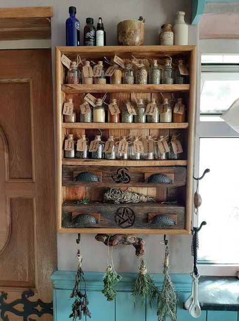 Witch Herbs Storage, Apothecary Interior Design, Apothecary Building, Vendor Aesthetic, Witch Interiors, Apothecary Studio, Coven Party, Witchcraft Room, Herbalist Kitchen