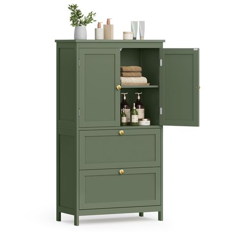 PRICES MAY VARY. [Plenty of Storage] This bathroom cabinet features a top cabinet and 2 roomy drawers to provide ample space for your hairdryer, towels, cosmetics, shower items, and more [Customizable Storage] Easily adjust the shelf in the top cabinet to 5 different positions, providing the flexibility to accommodate items of varying heights [Combines Quality & Style] Crafted from high-quality MDF and equipped with an anti-tip device, this bathroom storage unit is durable and stable. Its stylis Linen Storage Cabinet Bathroom, Green Cabinet Bathroom, Small Bathroom Styling, Bathroom Storage Mirror, Cabinet In Bathroom, Towel Storage For Small Bathroom, Bathroom Cabinets Storage, Bathroom Storage Furniture, Laundry Storage Solutions