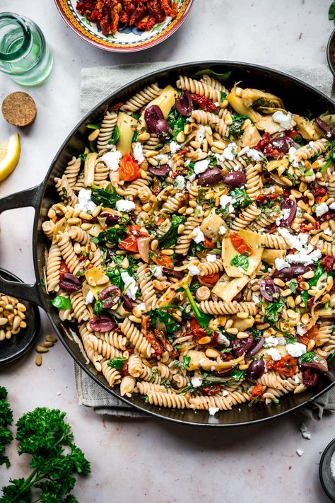 Pasta With Kalamata Olives, Warm Pasta Salad, Pasta With Olives, Feta Pasta Salad, Crowded Kitchen, Vegan Greek, Vegan Feta Cheese, Mediterranean Pasta, Greek Salad Pasta