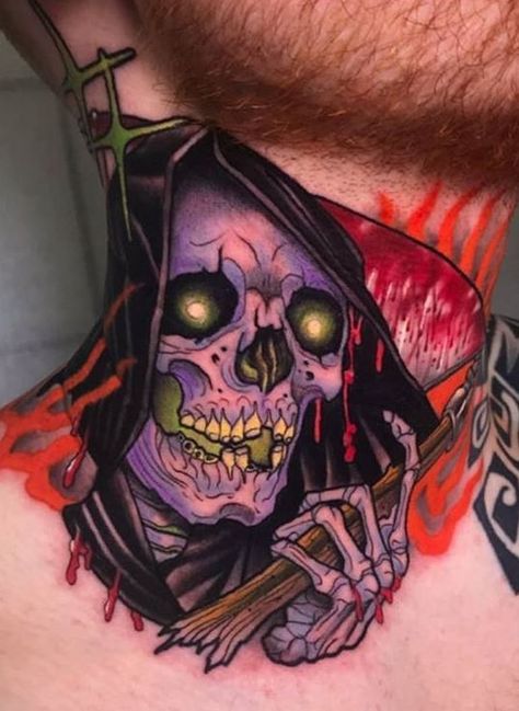 110 Unique Grim Reaper Tattoos You’ll Need to See - Tattoo Me Now Reaper Neck Tattoo, Neo Traditional Horror Tattoo, Sick Hand Tattoos, Grim Reaper Tattoos, Fairy Tale Tattoo, Japanese Demon Tattoo, Full Neck Tattoos, Mangas Tattoo, See Tattoo