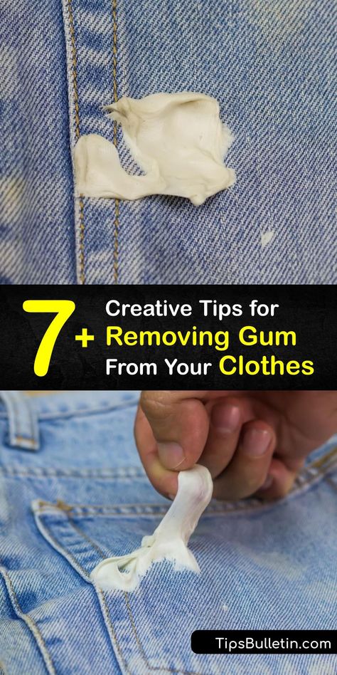 Discover ways to remove a chewing gum stain from clothes and keep your garment out of the ragbag. It’s possible to clean a gum stain by heating and freezing. Duct tape, peanut butter, Goo Gone, and toothpaste are excellent for gum removal. #how #remove #gum #clothing Remove Gum From Clothes, Diy Door Knobs, Gum Removal, Buble Gum, Peroxide Uses, Diy Household Cleaners, Goo Gone, Cleaning Advice, Receding Gums