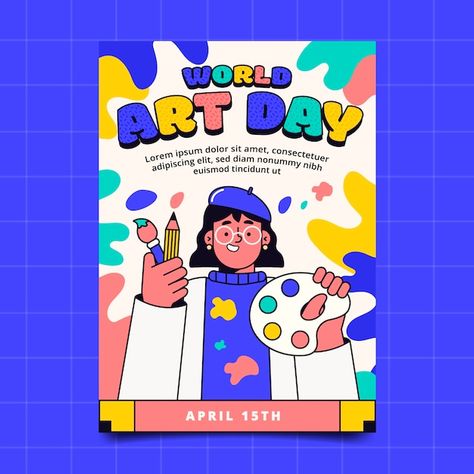 Flat world art day vertical poster templ... | Free Vector #Freepik #freevector #art-day #flat-poster #international-day #art-poster World Art Day Poster, Flat Design Poster, World Art Day, Poster Flat, Flat World, Vertical Poster, Illustration Poster, Animated Icons, Flat Illustration