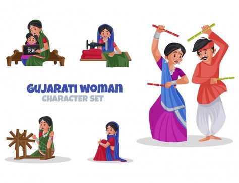 Cartoon illustration of gujarati woman c... | Premium Vector #Freepik #vector #fashion #man #girl #character Decoupage Paper Printable, Vector Illustration Character, Premium Vector Cartoon, Man Clipart, Woman Character, Character Dance, Navratri Festival, Man Vector, Festival Background