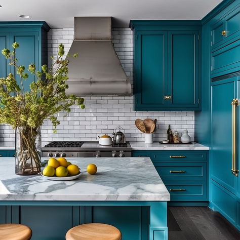 You Will Fall in Love With These 28 Blue Kitchens High Gloss Blue Kitchen Cabinets, Blue And Green Kitchen Cabinets, Dark Teal Cabinets Kitchens, Baby Blue Kitchen Cabinets, Turquoise Kitchen Ideas, Teal Cabinets Kitchen, Peacock Blue Kitchen, Dark Teal Kitchen, Bold Kitchen Colors