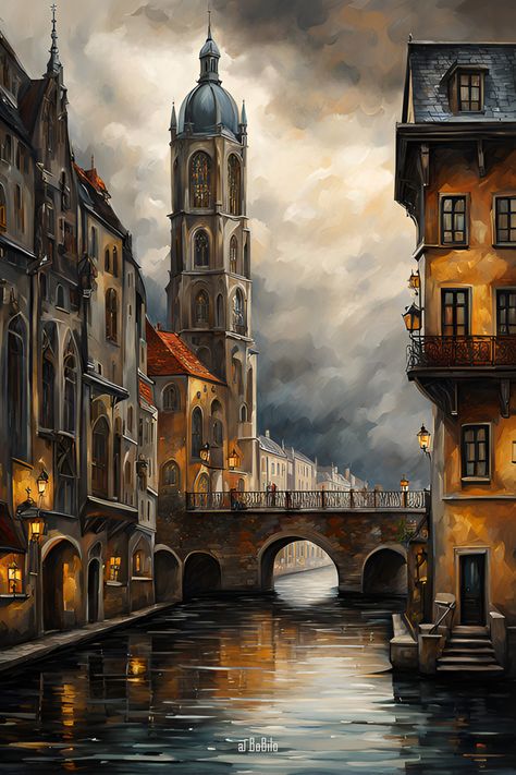 Gothic Cityscapes: Classic Paintings Inspired by Munich White Scenery, Gothic City, Tech City, Venice City, Captivating Art, Victorian Buildings, European Cities, Acrylic Painting Lessons, Gothic Design