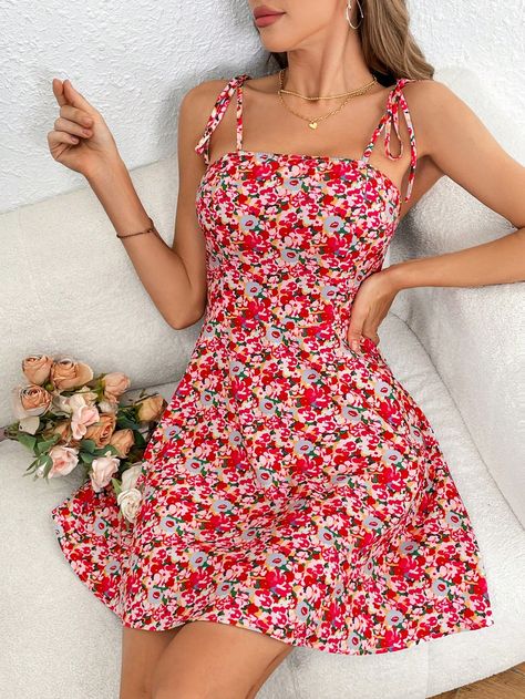 Red Boho Collar Sleeveless Woven Fabric Floral,Plants,Ditsy Floral,All Over Print Cami Embellished Non-Stretch  Women Clothing Floral Print Sundress, Small Floral Print, Red Boho, Fabric Floral, Ditsy Floral, Sewing Dresses, Women Dresses, Summer Vacation, All Over Print