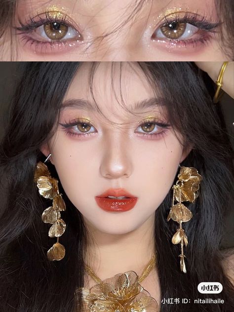 #makeup #makeupartist #makeupideas #makeuplook #makeupinspo #eyemakeupideas #eyemakeupinspiration #eyemakeup #eyemakeupinspo #xiaohongshu Makeup Layout, Gold Makeup Looks, Gold Eye Makeup, Cool Makeup Looks, Ethereal Makeup, Yellow Tone, Eye Makeup Designs, Gold Makeup, Asian Eye Makeup