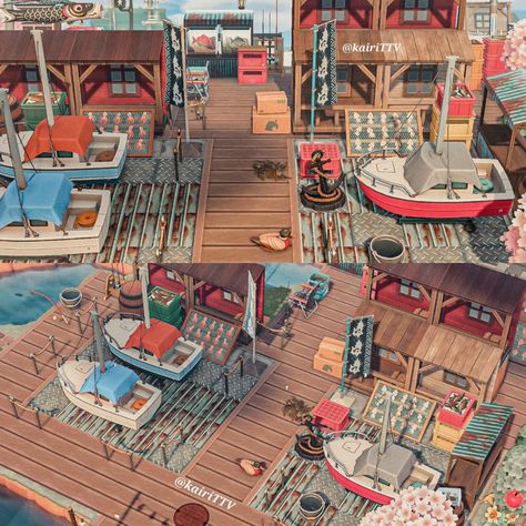 Japanese Theme Acnh, Acnh Port Town, Acnh Ponyo, Acnh Sakura, Animal Crossing Fish, Yacht Ideas, Japanese Neighborhood, Japanese Town, Fishing Dock