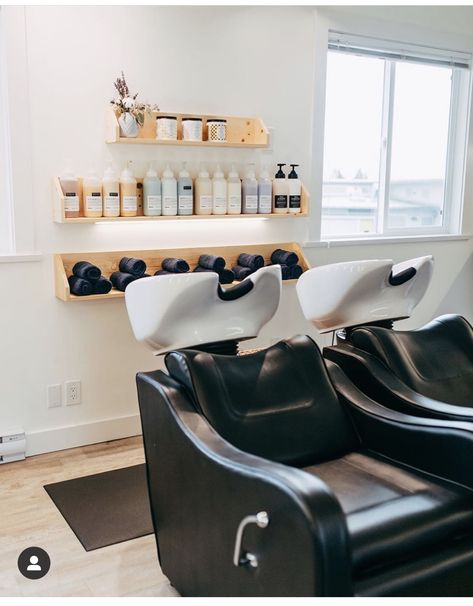 Small Space Salon Ideas Layout, Creative Salon Stations, Small Salon Wash Station Ideas, Salon Basin Ideas, Small Salon Backbar Ideas, Hair Salon Dispensary Ideas, At Home Hair Washing Station, Hair Salon Shampoo Back Bar Ideas, Backbar Ideas Salon