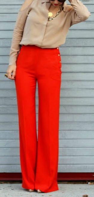 Red Wide-Leg Pants. Make a statement! Red Trousers Outfit, Pantalon Orange, Red Pants Outfit, Red Wide Leg Pants, Fashion Style Women, Red Trousers, Trouser Outfit, Wear Red, Nail Art Videos