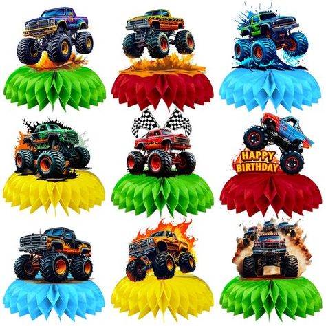 PRICES MAY VARY. Monster Truck Party Decorations: You will get 9 pieces of monster truck centerpieces for tables. These monster truck party favors are perfect for you to host a monster truck party theme or decorate a monster truck party decor party. Monster Truck Design: Each cardboard card has lovely and vibrant monster truck patterns and bright colors. Immerse your celebration in the world of monster truck with our monster trucks birthday decorations. The monster truck birthday party decoratio 3rd Monster Truck Birthday, Monster Jam Birthday Party Ideas Decoration, Monster Truck Centerpieces, Monster Truck Table, Monster Jam Birthday Party Ideas, Truck Birthday Decorations, Monster Truck Party Decorations, Truck Party Theme, Monster Truck Birthday Party Ideas