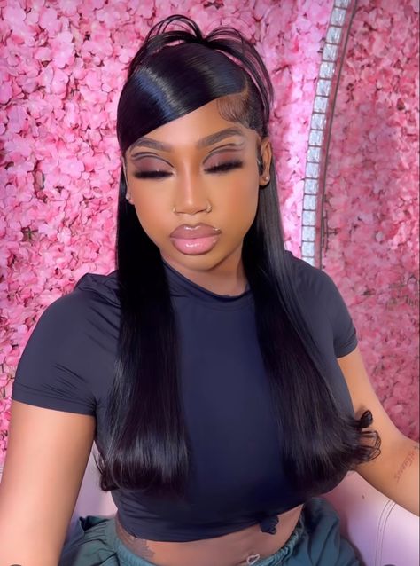 Bang Wig, Stylish Ponytail, Black Hair Updo Hairstyles, Natural Hair Bun Styles, Sleek Ponytail Hairstyles, Frontal Wig Hairstyles, Birthday Hairstyles, Black Ponytail Hairstyles, Wig For Black Women