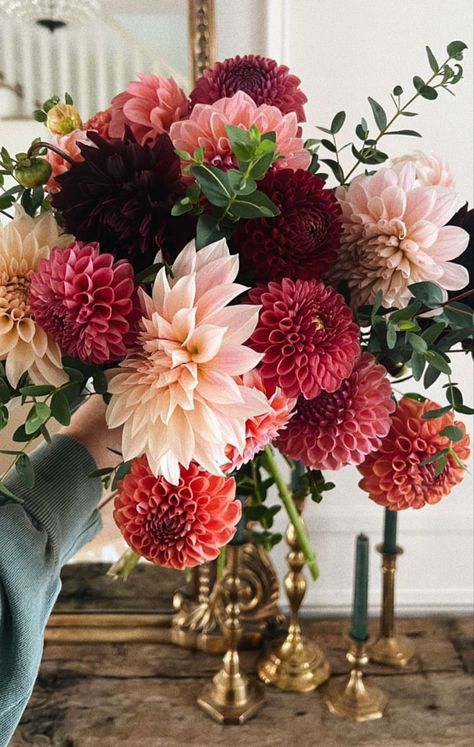 Winter Floral Color Palette, Dahlia And Carnation Bouquet, Dahlia Flower Wedding Bridal Bouquets, Dahlia Wedding Centerpieces Fall, Dahlia Wedding Florals, Burgundy Dahlia Wedding Bouquet, Dahlia Market Bouquet, Hydrangea And Dahlia Bouquet, Maroon Flower Arrangements