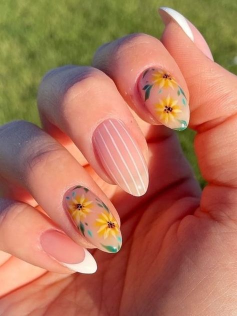 Sunflower Nail Art, Flamingo Nails, Sheer Nails, Sunflower Nails, September Nails, Cute Summer Nails, Trendy Nail Design, Nail Designs Spring, Floral Nails