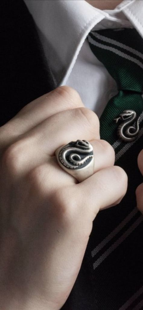 :,( are there any more detailed replicas  very precise like the original? lmk because I haven’t had the luck of finding one. Harry Potter Tattoos Draco Malfoy, Draco's Rings, Draco Malfoy Ring, Slytherin Ring, Slytherin Jewelry, Slytherin Costume, Harry Potter Ring, Slytherin Wallpaper, Hogwarts Dr