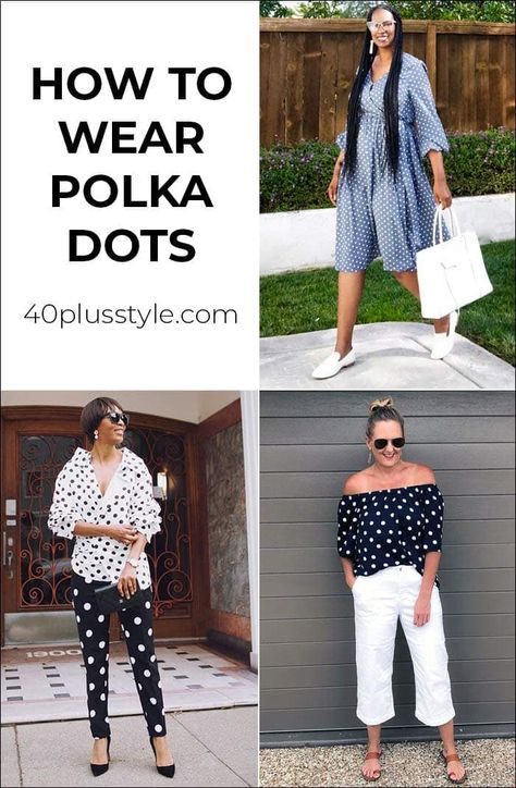 How to wear polka dot outfits in summer | 40plusstyle.com White Polka Dot Top Outfit, White Polka Dot Shirt Outfit, Dots Dress Outfit, Polka Dot Outfits For Women, Polka Dot Pants Outfit, Polka Dot Shirt Outfit, Polka Dot Blouse Outfit, Polka Dot Top Outfit, Polka Dot Skirt Outfit