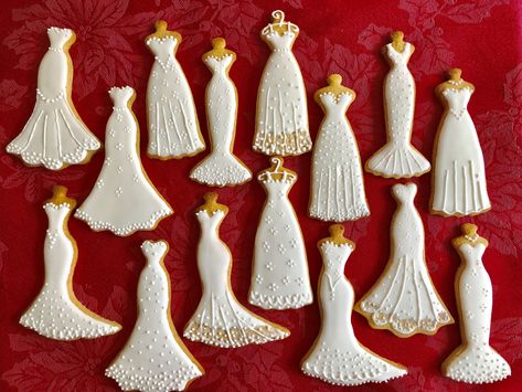 Wedding dress cookies iced today Wedding Dress Sugar Cookies, Decorated Wedding Dress Cookies, Wedding Dress Cookies Decorated, Wedding Dress Cookies Royal Icing, Wedding Biscuits, Lingerie Cookies, Wedding Dress Cookies, Wedding Cookies Decorated, Onesie Cookies