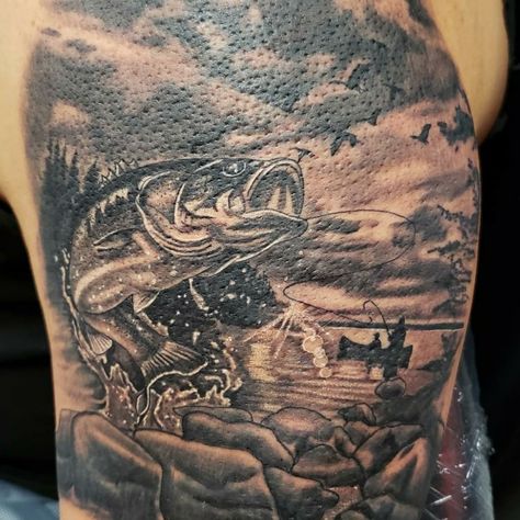 Bass Tattoo Fish, Fishing Tattoo For Men, Bass Fish Tattoo, Fish Tattoo Black, Bass Tattoo, Bass Fishing Quotes, Bass Fishing Tattoo, Fishing Tattoos, Fishing Tattoo