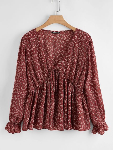 Plus Allover Print Flounce Sleeve Peplum Blouse | SHEIN USA Boho Plus Size, Peplum Shirt, Peplum Shirts, Chic Blouses, Floral Peplum, Ditsy Floral Print, Styl Boho, Peplum Blouse, Ruffle Hem Dress