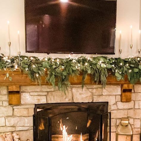 Catherine on Instagram: "Our family room mantle ... fresh cedar and eucalyptus.  It can be high maintenance by drying out, but to me, it’s worth having to sweep for here and there." Eucalyptus Christmas Mantle, Eucalyptus Christmas, Christmas Mantle, High Maintenance, Christmas Ideas, Family Room, Canning, Christmas, On Instagram