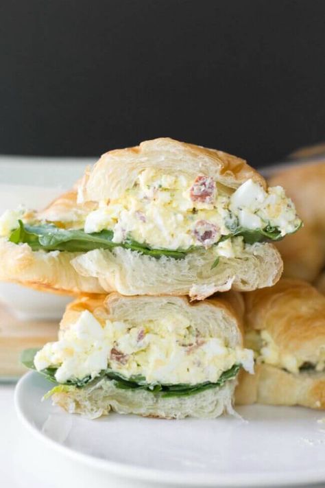 Best Egg Salad Sandwich Ever. Eggs, bacon, chives, Cheddar, cream cheese, and mayo served on a croissant with fresh spinach. ♥ Spaceships and Laser Beams Best Egg Salad Sandwich Recipe, The Best Egg Salad, Salad Sandwich Recipe, Egg Salad Sandwich Recipe, Best Egg Salad Recipe, Celery Recipes, Egg Salad Sandwich, Egg Salad Sandwiches, Salad Wraps