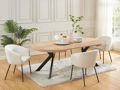 La table à manger KOMONI possède un plateau extensible pour 4 à 8 personnes en MDF. Il est soutenu par des pieds en acier au style élégant. La forme arrondie de cette table s'adaptera à tous les intérieurs et apportera de la douceur à votre séjour.Caractéristiques Couleur (nuance) : Naturel clair, Noir Matière : Mdf Epaisseur métal : 1.2 mm Piètement : Acier Nombre de places : 4 places, 8 places 2 allonges Type de pied : 4 pieds Système de rallonge : Rallonge centrale Utilisation : Intérieur... Mdf Color, Diner Table, Dining Room Interiors, Kids' Desk, Table Extensible, Living Room Decor Apartment, Office Furniture, Diner, Living Room Decor